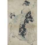 Japanese woodblock prints ? five, various artists, all but one Edo period, various sizes Some faults
