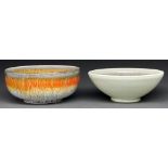 A Shelley Harmony ware bowl, 1932-1939, covered in veined and streaked grey, orange and yellow