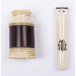 A turned ivory and wood 1" spy glass, early 19th c, with brass tube and a late Victorian folding