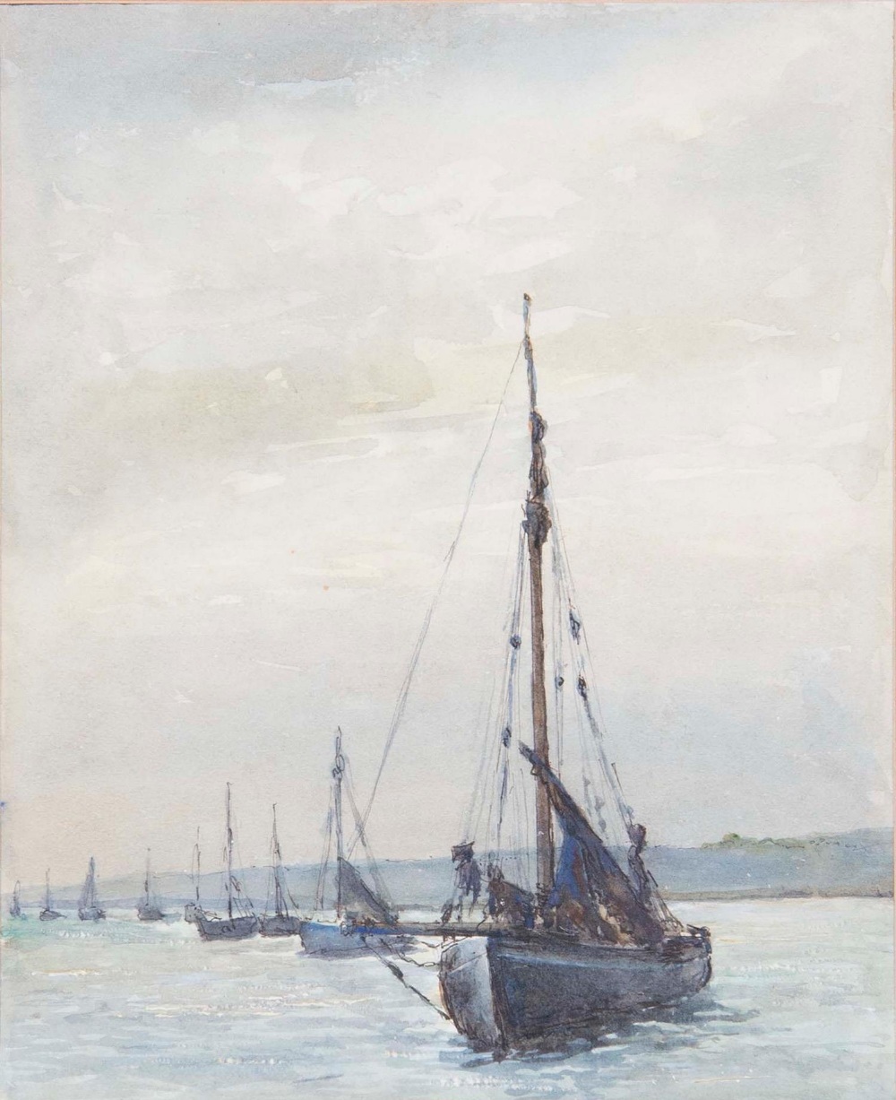 Mabel Wellman (Exhibited 1920-1936) - Boats at Anchor, signed and inscribed on an exhibition label