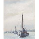 Mabel Wellman (Exhibited 1920-1936) - Boats at Anchor, signed and inscribed on an exhibition label