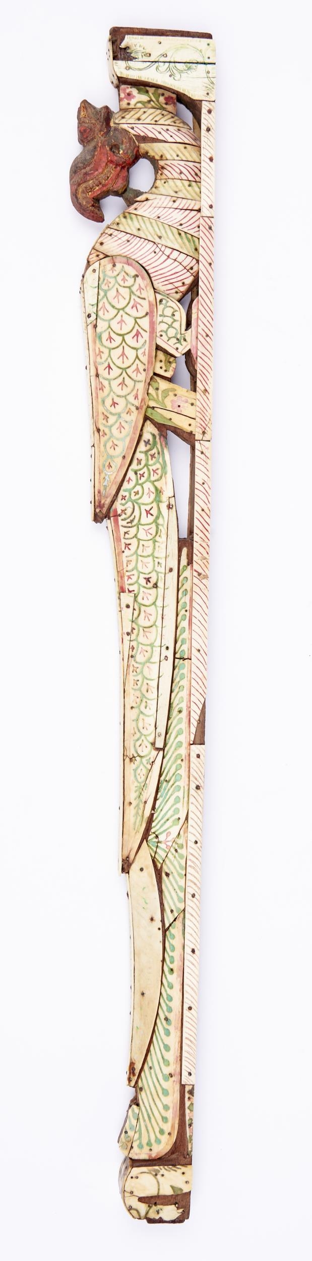 A polychrome bone and wood grotesque pilaster, probably South East Asian, 19th c or later,  61cm h