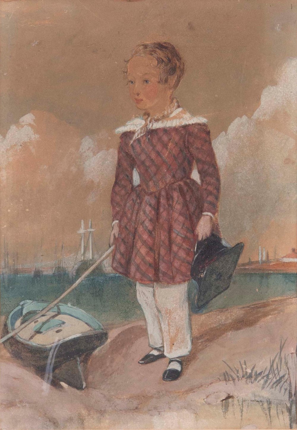 British School, 19th c - Portrait of a Boy with a Toy Boat, full length, watercolour, 26 x 18cm