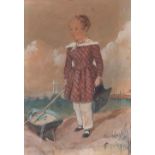 British School, 19th c - Portrait of a Boy with a Toy Boat, full length, watercolour, 26 x 18cm