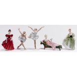 Three Royal Doulton figures of young ladies and two German porcelain figures of ballerinas,  various