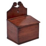 A Victorian mahogany mural candle box, the fretted back plate with shaped top, 32cm h Old