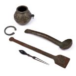 A South American mate pot, 10cm h, a beaten copper ladle and three other metal articles, all late