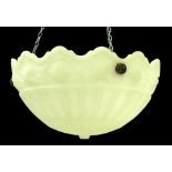 An 'alabaster' glass hanging lamp bowl, c1920, with three oxidised metal hooks for suspension,