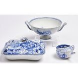 A Wedgwood blue printed earthenware footed bowl, dish and cover and spout cup, c1815-25, the bowl of