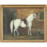 British School - Portrait of a White Stallion in a Stable Yard, inscribed with owner's initials C D,