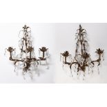 A pair of naturalistic giltmetal wall sconces, 20th c, of three lights designed as flowers and