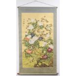 Chinese School, 20th c - Scroll panel of rock, colourful chrysanthemum blooms and a profusion of