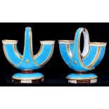A pair of Minton 'U' shaped basket form vases,  c1870,  with turquoise ground and brown and gilt