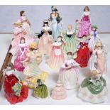 Nine Royal Doulton, four Royal Worcester and two Coalport bone china figures of young women, late