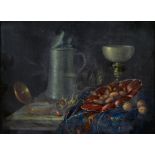 20th c School - Still Life with Nuts,  a Tankard and Gold Watch on a Cloth Covered Marble Ledge,