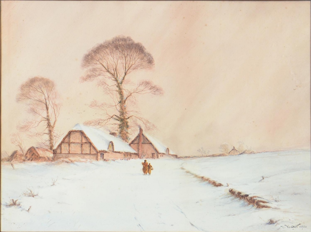 W Baker, 1904 - Cottages in Winter, signed and dated, watercolour, 37 x 49cm Small spots of