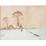 W Baker, 1904 - Cottages in Winter, signed and dated, watercolour, 37 x 49cm Small spots of