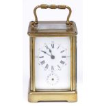 A French brass carriage timepiece with alarm, early 20th c ,  11cm h excluding handle Lacks hand
