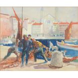 Hal Hurst RBA, ROI, RMS (1865-1938) - Harbour Scene with Fishermen, signed, watercolour, 35 x 42cm