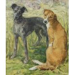 British School, 1973 - Portrait of Two Dogs, signed and dated, oil on hessian laid on hardboard,