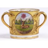 A Sampson Hancock yellow ground loving cup, dated 1915,  painted by H S Hancock, signed, with the