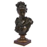 A bronze bust of a young woman, cast from a model by A E Carrier-Belleuse, 20th c, greenish brown