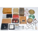 A maple cigarette box and miscellaneous lighters, etc Condition evident from image