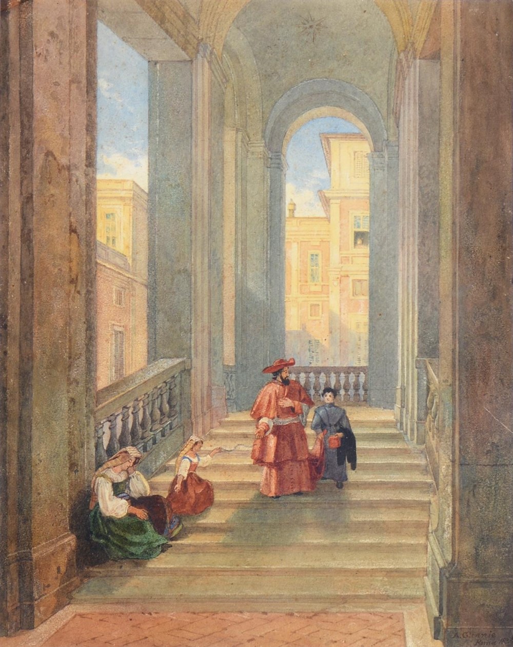 Arthur Glennie RWS (1803-1890) - A Cardinal and Devotees on the Steps of a Church, signed, dated '83