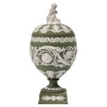 A Wedgwood green Jasper ovoid vase and cover, 20th c, with child finial, 23cm h Good condition