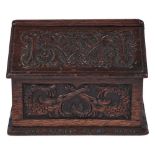A boarded oak stationery box, late 19th / early 20th c, with opposing sloping lids, one inscribed