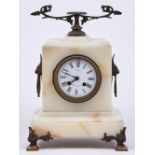 A French giltmetal mounted onyx mantel clock, c1890, with enamel dial and bell striking movement,