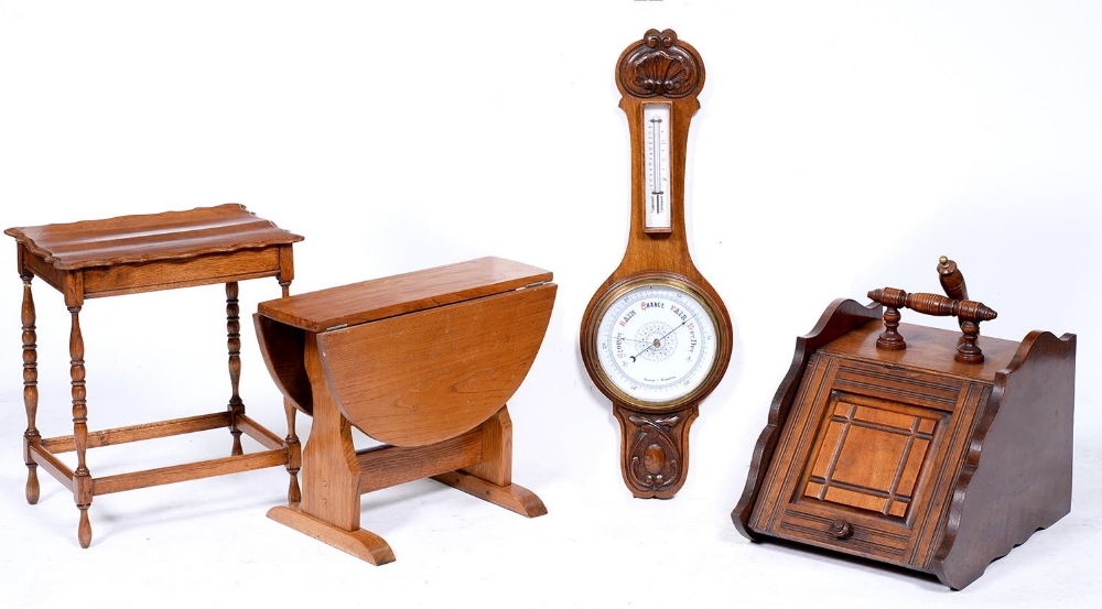 A Victorian walnut purdonium, an Edwardian aneroid barometer with thermometer and two miniature