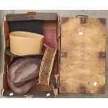 Miscellaneous antique lace, textiles, hats, wicker basket, etc, in a wood tuck box and loose