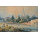 English School, early 19th c - All Saints' Church Leamington Spa with Boys Bathing in the River