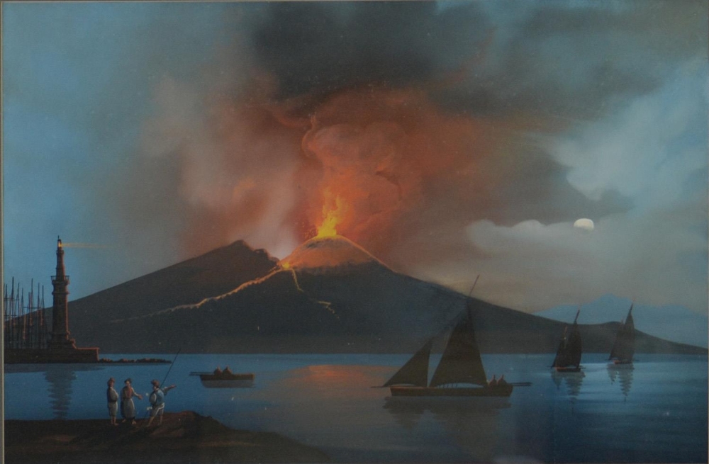 Neapolitan School - Vesuvius by Moonlight, gouache, 41 x 62cm Apparently good condition,