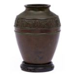 A Japanese bronze shouldered oviform vase, early 20th c, cast with band of taotie, 21cm h, wood