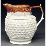 A Staffordshire earthenware jug, c1840,  moulded with Bacchus and rosettes beneath vines, 24cm h