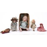 A Kaluti painted bisque and composition fairy doll, c1940,  20cm h, boxed, a German bisque headed
