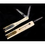 Writing antiques. Two Victorian nickel plated brass mounted ivory quill machines, with sliding or