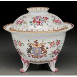 A Samson pseudo armorial famille rose three footed bowl and cover, late 19th c, in the style of