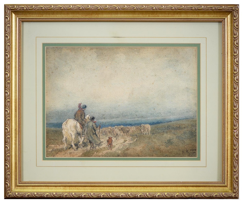 Follower of David Cox - Figures Driving Sheep over a Moor, signed with initials S G and dated - Bild 5 aus 9