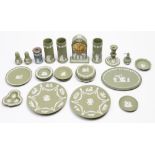 Miscellaneous Wedgwood green Jasper articles, to include a clock case, 20th c, various sizes Good