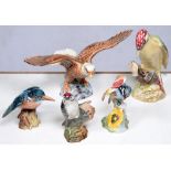 Five Beswick models of birds, including bald eagle, woodpecker 23cm h, printed mark Good condition