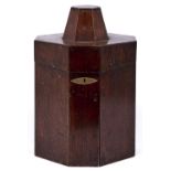 A Northern European oak cutlery box, early 19th c, of octagonal section, elliptical brass