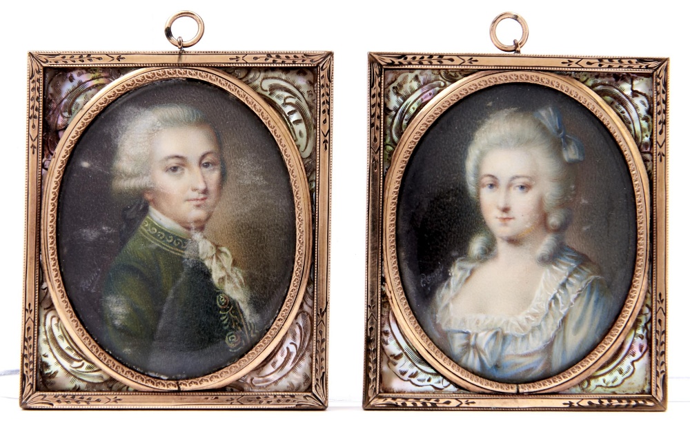 French School, 19th c - Portrait Miniatures of a Nobleman and Lady, in a green jacket or blue dress,