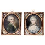 French School, 19th c - Portrait Miniatures of a Nobleman and Lady, in a green jacket or blue dress,