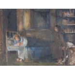 British School - Interior with Two Figures, bears signature verso, oil on board, 36 x 47cm Slight