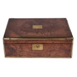 A Victorian brass mounted walnut writing box, the fitted interior with gilt tooled navy writing