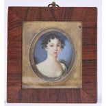 British(?) School, 19th c - Portrait Miniature of a Young Woman, wearing her dark hair in