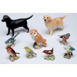 Two Beswick models of dogs and seven birds, including an owl, various sizes, printed marks Good